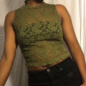 Olive colored crochet crop top. See through.